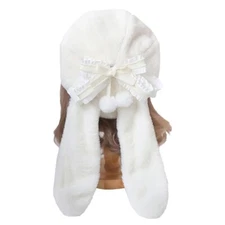 Women Cute Rabbit Ear Plush Cap Outdoor Fluffy Bunny Bow Knot Beret Hat White