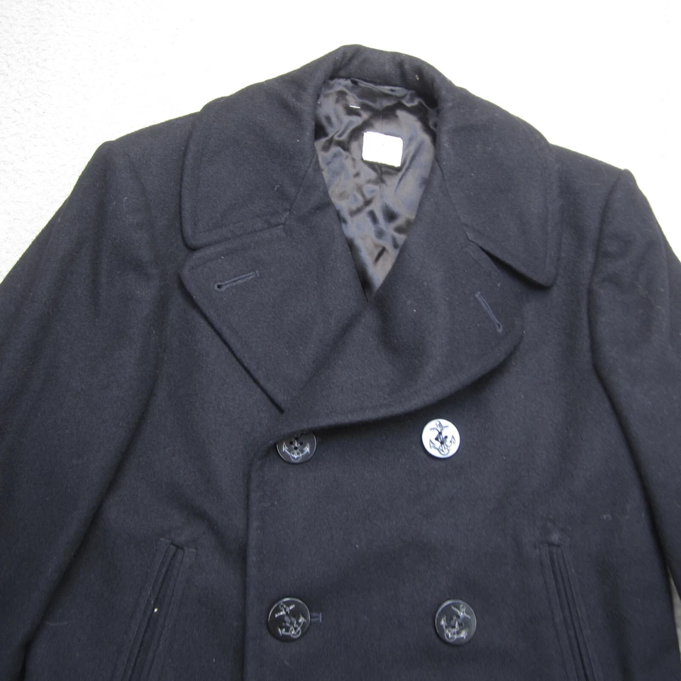 Abrigo Vintage Azul Marino Guisante Para Hombres 36 S Negro Abrigo Botón Lana Pesado Foto 4 de 4