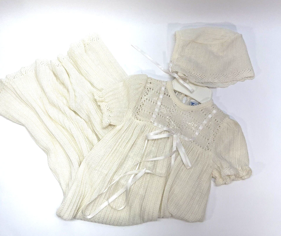 Vintage Neiman Marcus Newborn Baby Christening Baptism Dress & Cap Knit Acrylic - Image 3 of 4