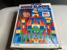 Vintage Tootsie Toy 73 Colored Wooden Building Blocks in Box #4046 Multicolored