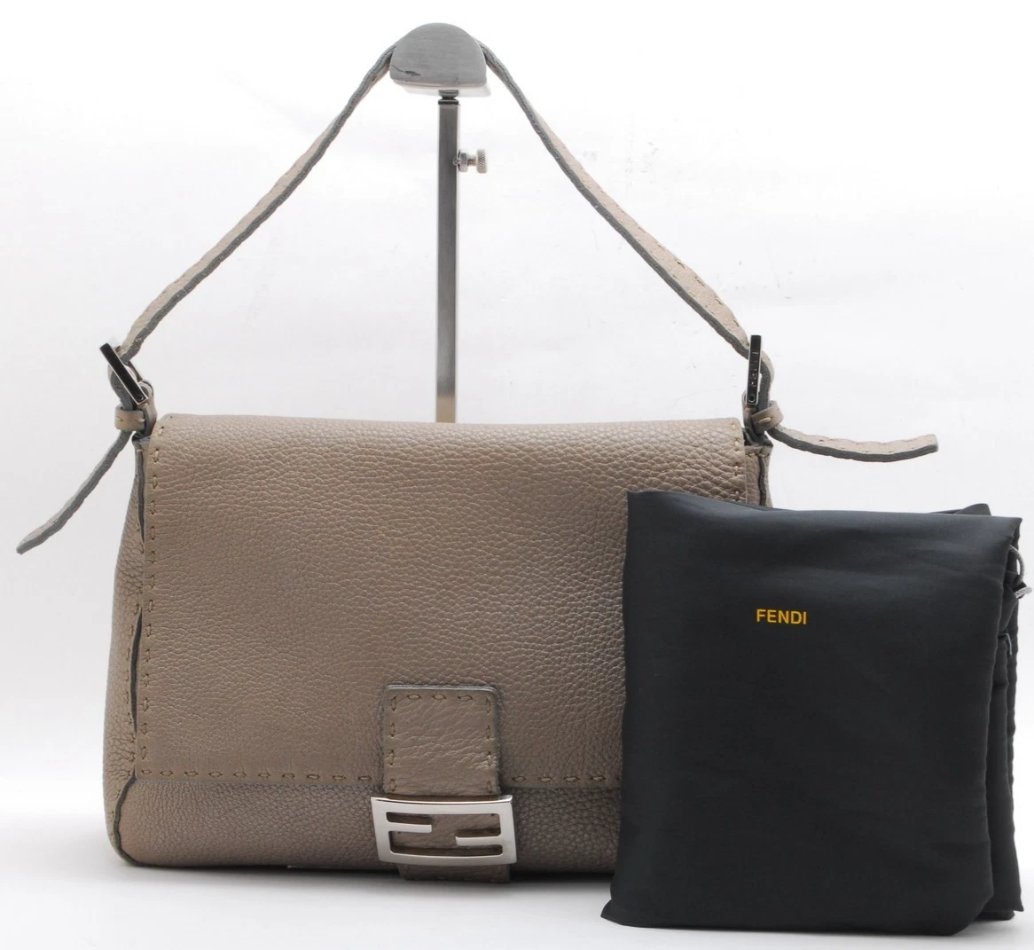 Fendi — FENDI Mamma Baguette Selleria Metallic Leather Shoulder Bag Gray