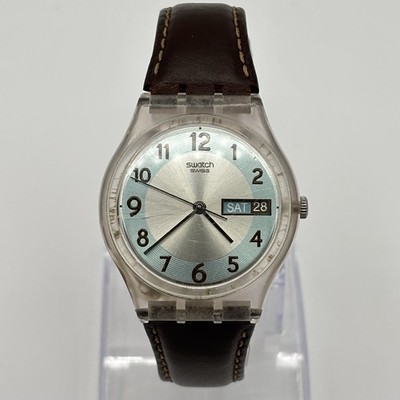 Swatch Blue Conker GE704 Brown Leather Day-Date Swiss Watch Blue/Silver Dial