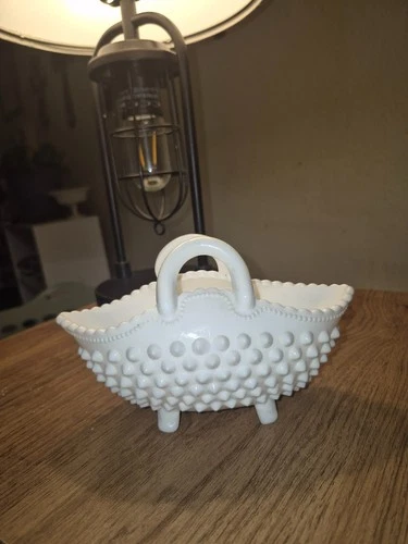 This item is a vintage Fenton White Hobnail Milk Glass Basket. Pattern: Hobnail