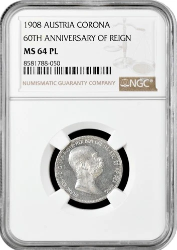 Austria 1 corona 1908, NGC MS64 PL, "60th Anniversary of Reign" Pop 2/1