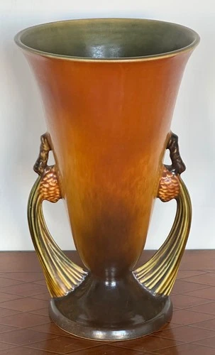 Roseville Pottery 1930's 10" Brown Pinecone Handled Vase Shape 747-10