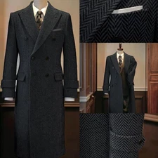 Wool Blend Men Coats Herringbone Long Overcoats Tweed Double Breasted Business