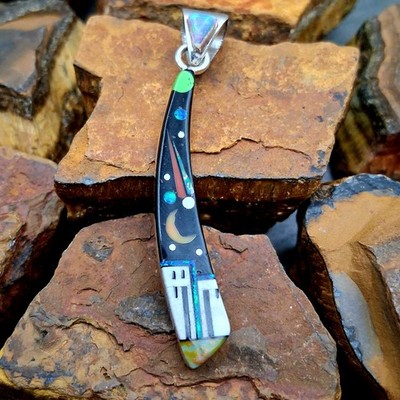 Zuni Style Inlay Pendant Sterling Silver Moon Night Sky Onyx Opal Southwestern