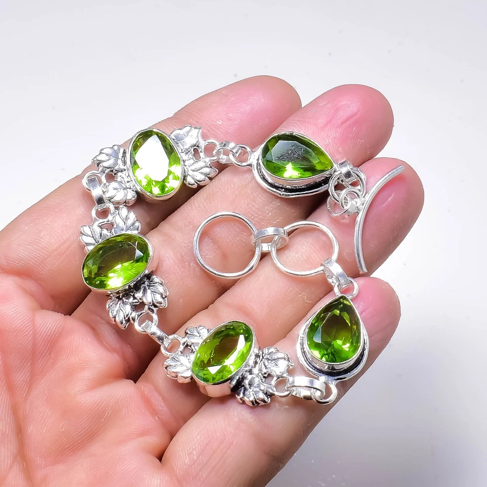 Green Peridot Gemstone Handmade 925 Sterling Silver Jewelry Chain Bracelet - Image 2 of 4