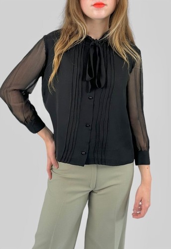 Vintage 60er Jahre Damen schwarz transparente Seide Chiffon Langarm Muschi Schleife Bluse - Bild 2 von 4