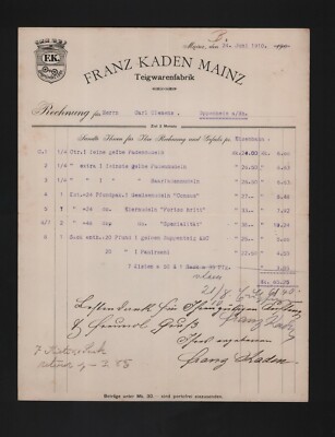 Mainz, invoice 1910, Franz Kaden pasta factory