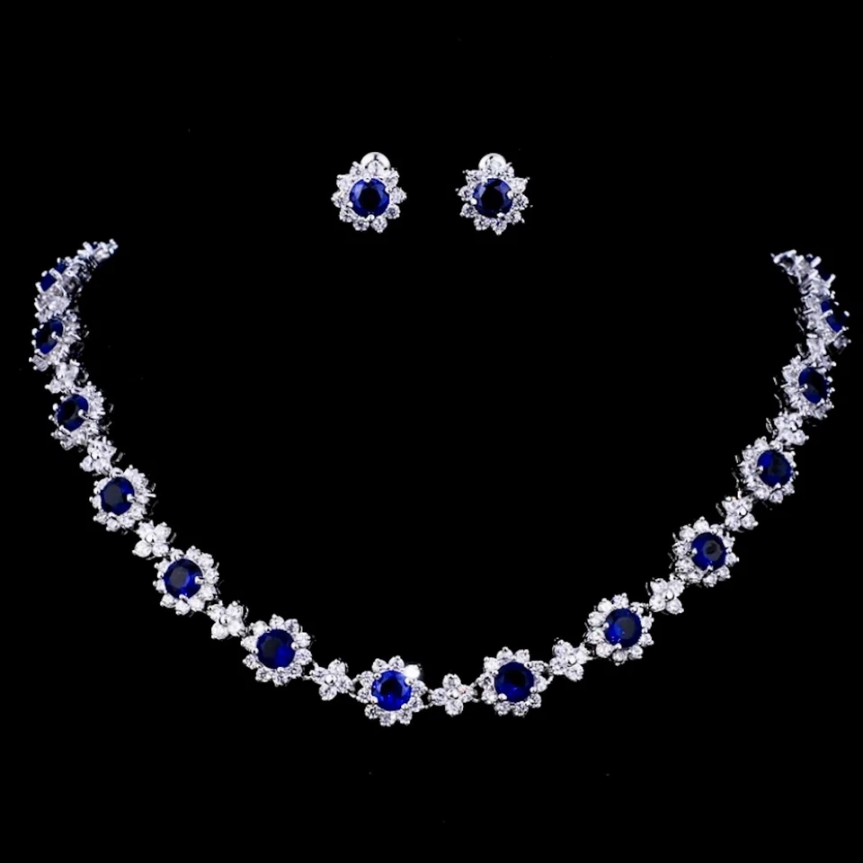 18k White Gold Plated Necklace Earrings Set made w Swarovski Crystal Blue Stone - Image 2 of 4