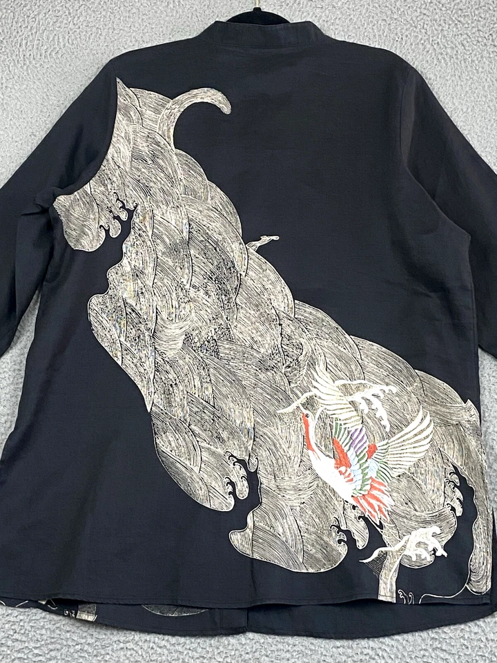 CITRON SANTA MONICA 1X Top Camisa Túnica Abotonada Bordada Arte Japonés Lino Foto 4 de 4