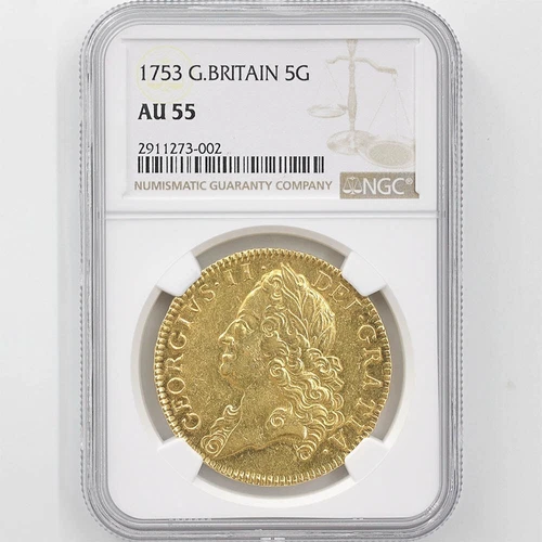 1753 Great Britain George II 5 Guinea Gold Coin NGC AU 55