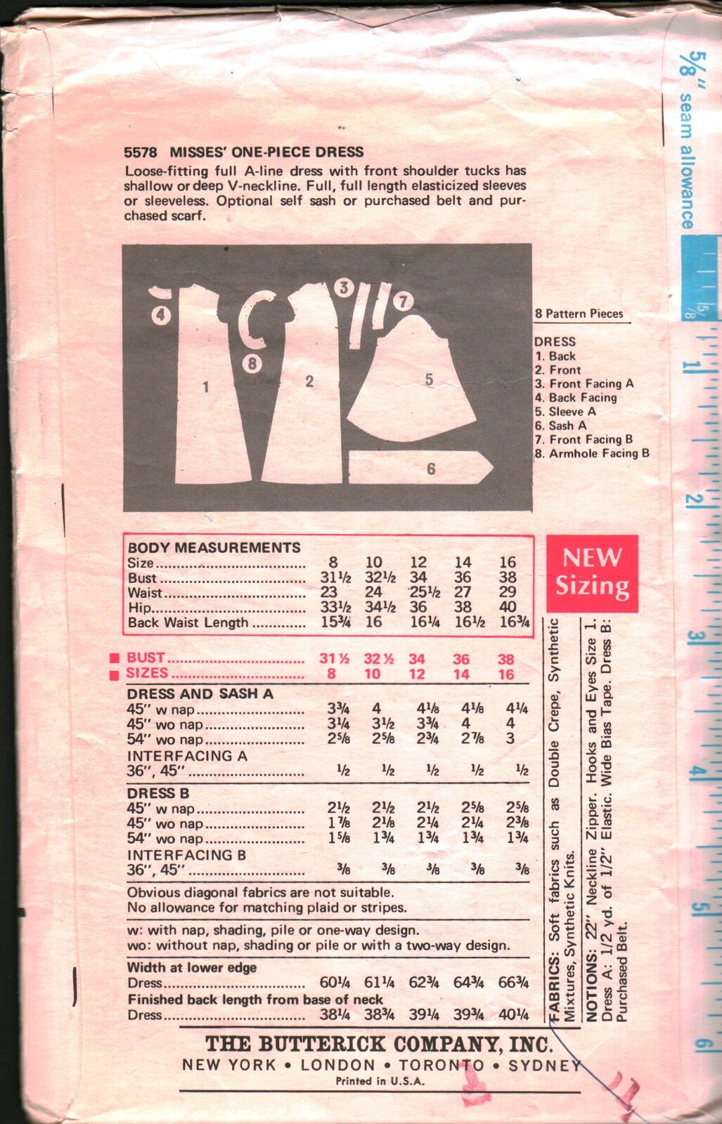5578 Vintage Butterick Sewing Pattern 1970s Misses Loose Fitting A Line ...