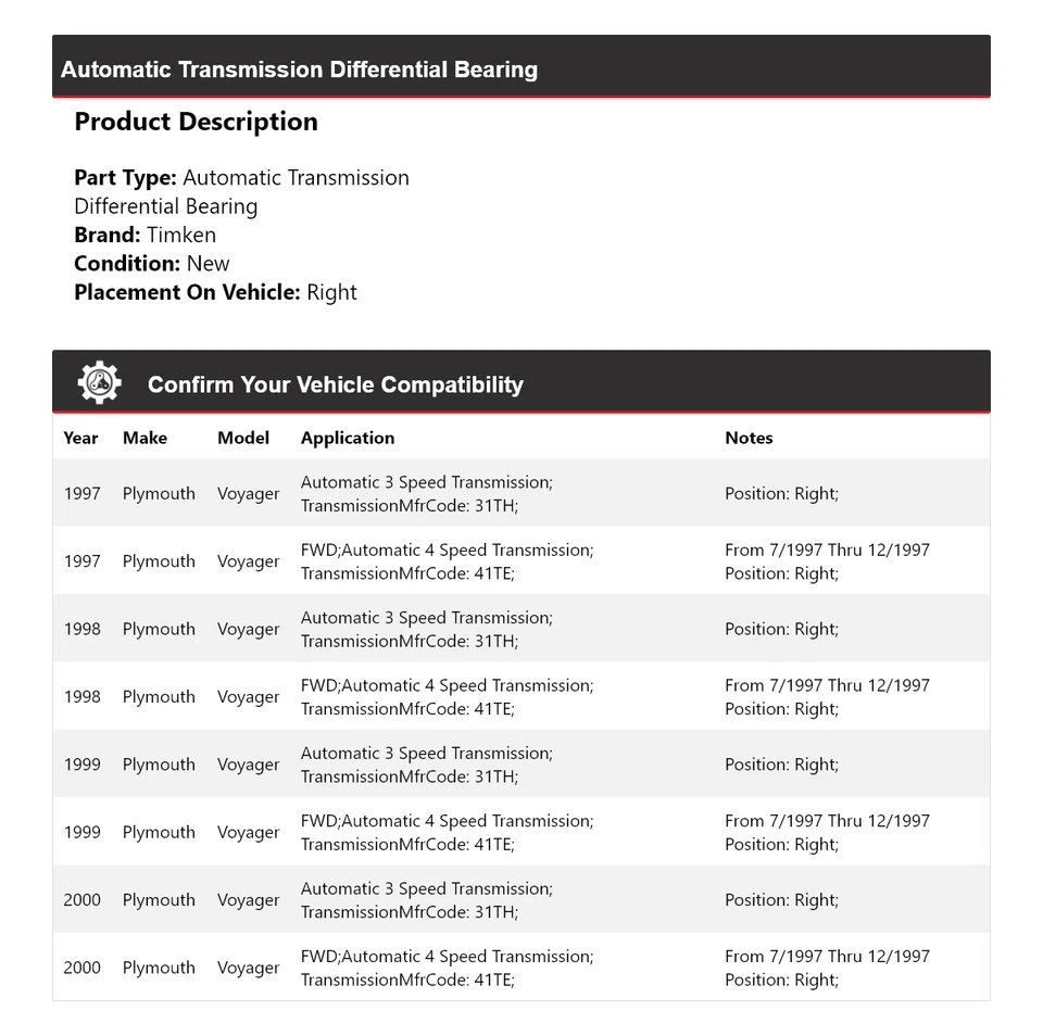 Cojinete diferencial derecho Timken 1998 para Plymouth Voyager 1997-2000 transmisión automática Foto 2 de 4