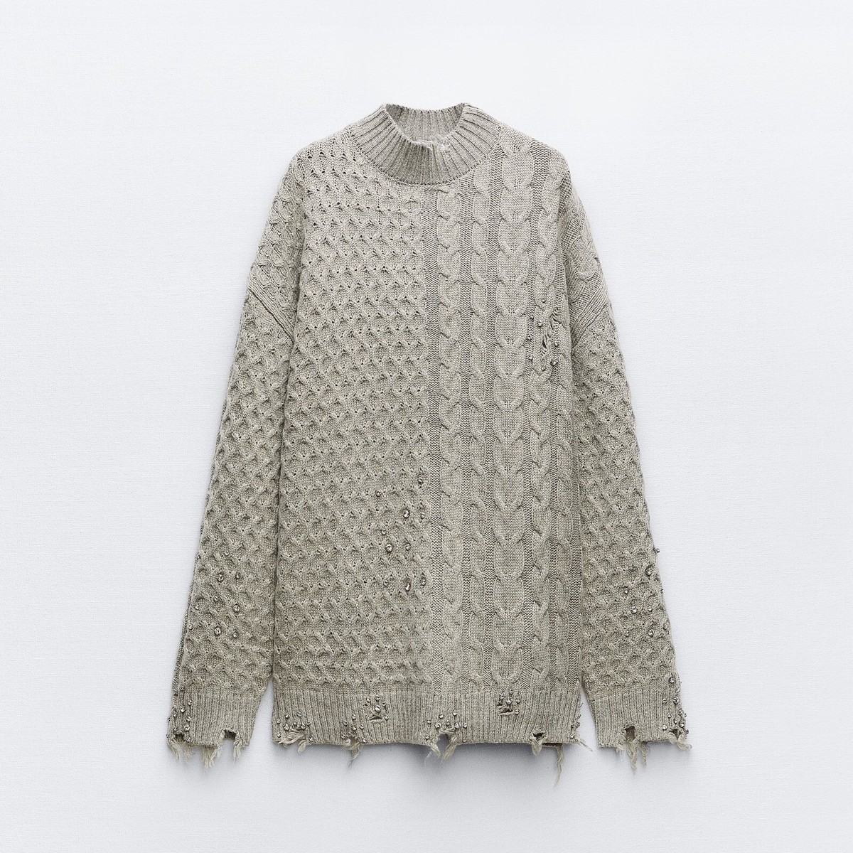 ZARA HIGH NECK RIPPED CABLE KNIT SWEATER WITH STUD REF: 9598