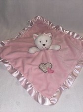 Carter s White Cat Rattle Lovey Pink Plush Blanket Leopard Heart Satin Trim Back