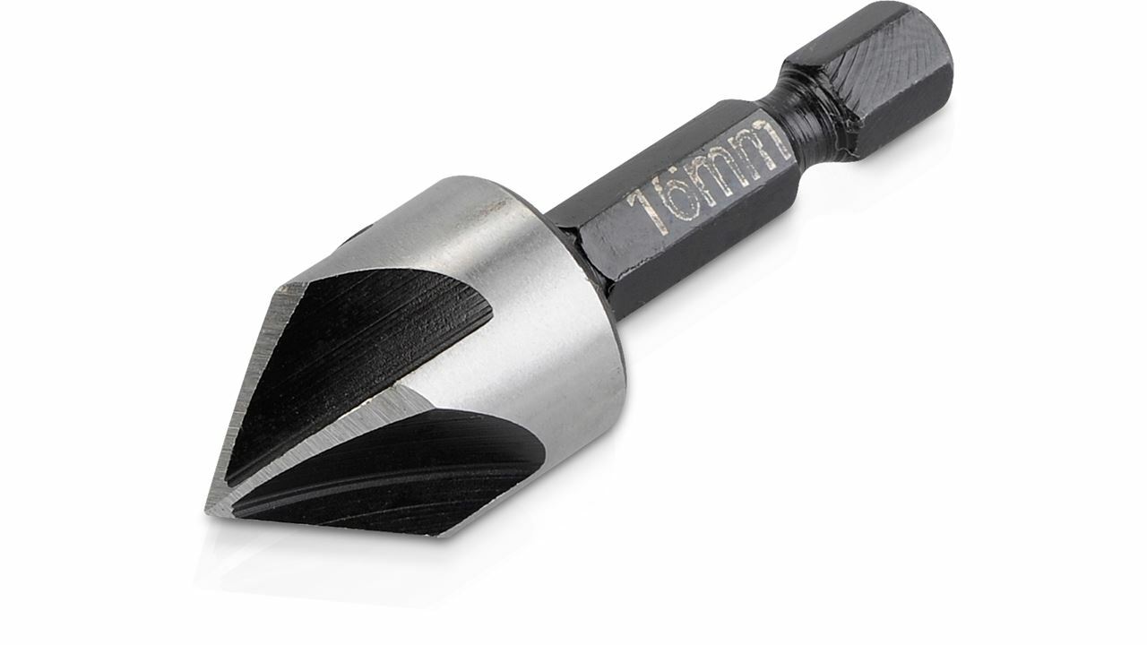 Hex shank quick-release Countersink for wood 16mm diameter, 5 flutes, 50mm long