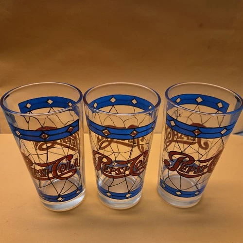 Vintage Pepsi-Cola Tiffany Style Stained Glass 12oz. Drinking Glass, Three