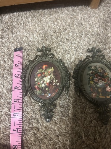 2 Vintage Messing & Glas verziert kleine Blumen Wandbehang Blumen Bild Italien - Bild 4 von 10