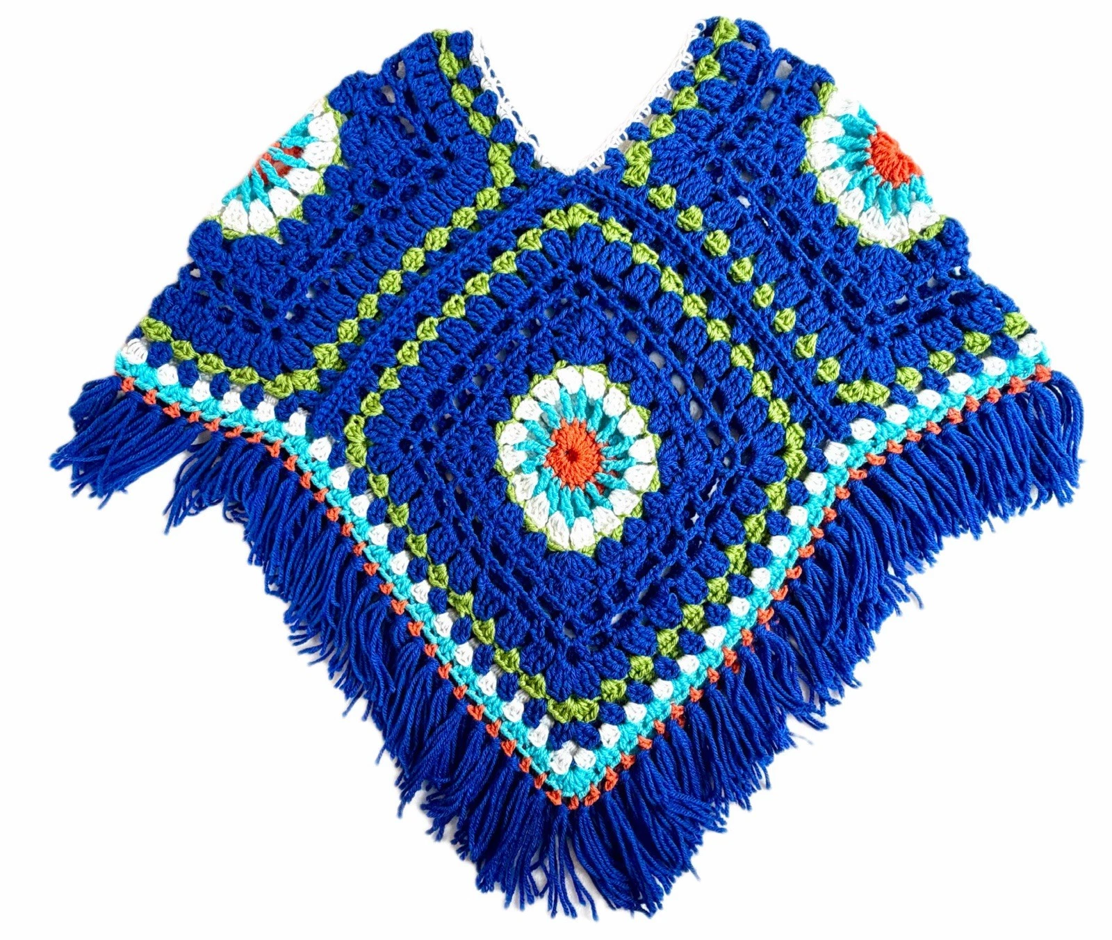 Handmade Crochet Poncho Boho Fringe Festival Cape Shawl One Size Blue