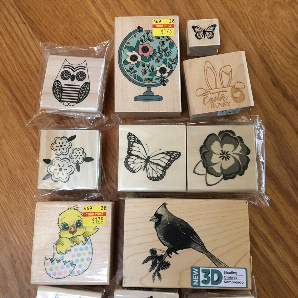 Lote de 17 sellos de tinta de goma/madera con tema animal/naturaleza nuevos Foto 2 de 3