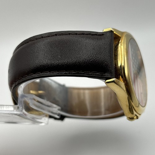 American Flag Maxim-All Watch Gold Tone Dial Brown Leather Band NEW BATTERY 7" - Picture 5 of 10