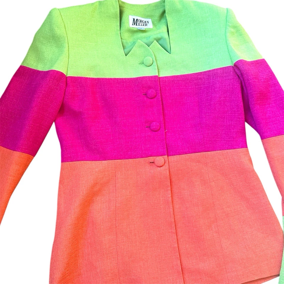 Conjunto de Traje Falda Blazer Cuello Recortado ColorBlock Vintage Años 80 90 Morgan Miller Talla 8 Foto 2 de 4