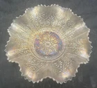 LOVELY VINTAGE CARNIVAL NORTHWOOD WHITE HEART & FLIWERS RUFFLED BOWL “RIBBED EXT