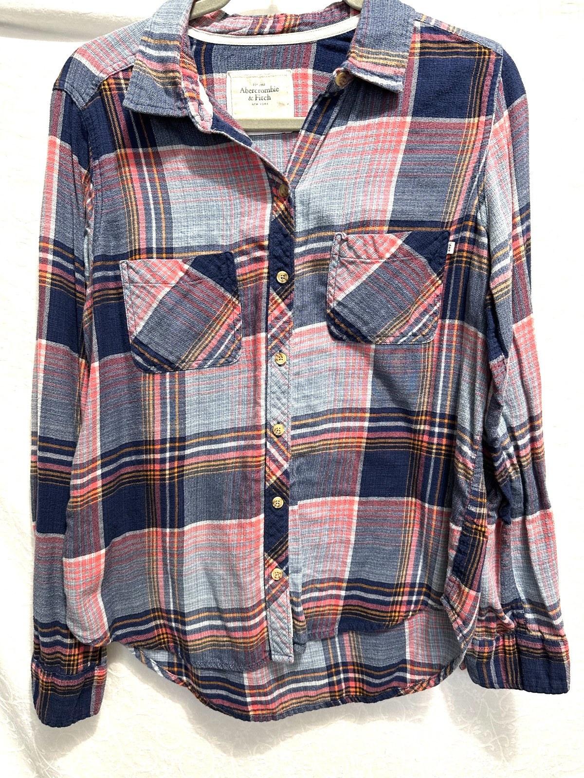 Abercrombie & Fitch Women's Large Slim Fit Blue & Red Plaid Button-Down Shirt