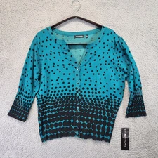 NOTATIONS Women's XL Teal Black Polka Dot Ombre Button Up Cardigan Sweater NWT
