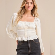 Altar d State Sz S Soleil Satin Cream Corset Top Long Sleeve Peasant Cottagecore