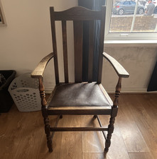 Vintage Dark Wood Armchair, High Back With Arms, Brown Faux Leather Seat