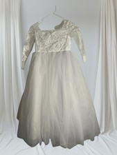 Flower Girl Dress Youth 8-10 White Layers Of Tulle Sheer Long Sleeves Bow 921