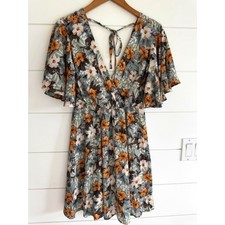 Sage Floral Flutter Sleeve Mini Dress Deep V Back Tie Flowy Romantic Fairy XS S