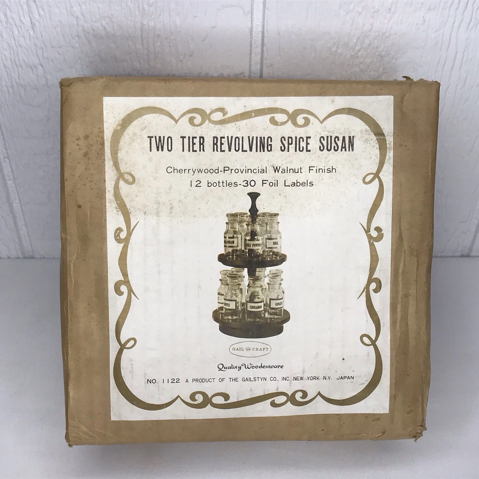Vintage Round Revolving Wood Spice Rack Susan MCM 12 Bottles 30 Labels NEW RARE