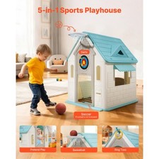 Outdoor Playhouse, 5-In-1 Cottage Play House with Pretend Play, Basketball, Dart