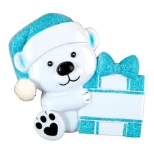 Baby Bear Hold Presen Blue Personalized Christmas Ornament