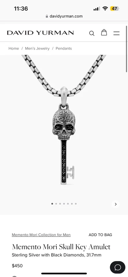 David Yurman Memento 森骷髅钥匙吊坠,纯银,黑色钻石 — 第 4/4 张图片