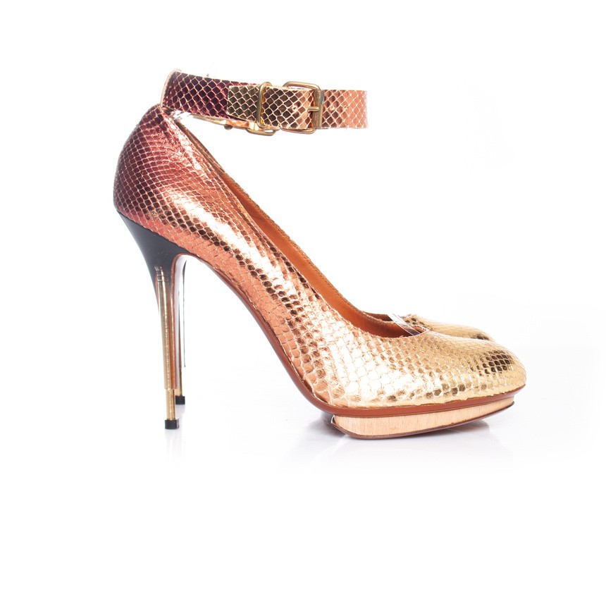 Lanvin Metallic Shiny Python Leather Ankle Strap … - image 5