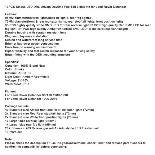 10PCS Smoke LED DRL Driving Daytime Fog Tail Lights Kit for Land Rover Defender~ - Picture 11 of 14