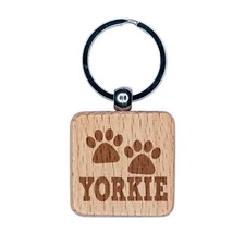Yorkie Yorkshire Terrier Dog Paw Prints Fun Text Engraved Wood Square Keychain