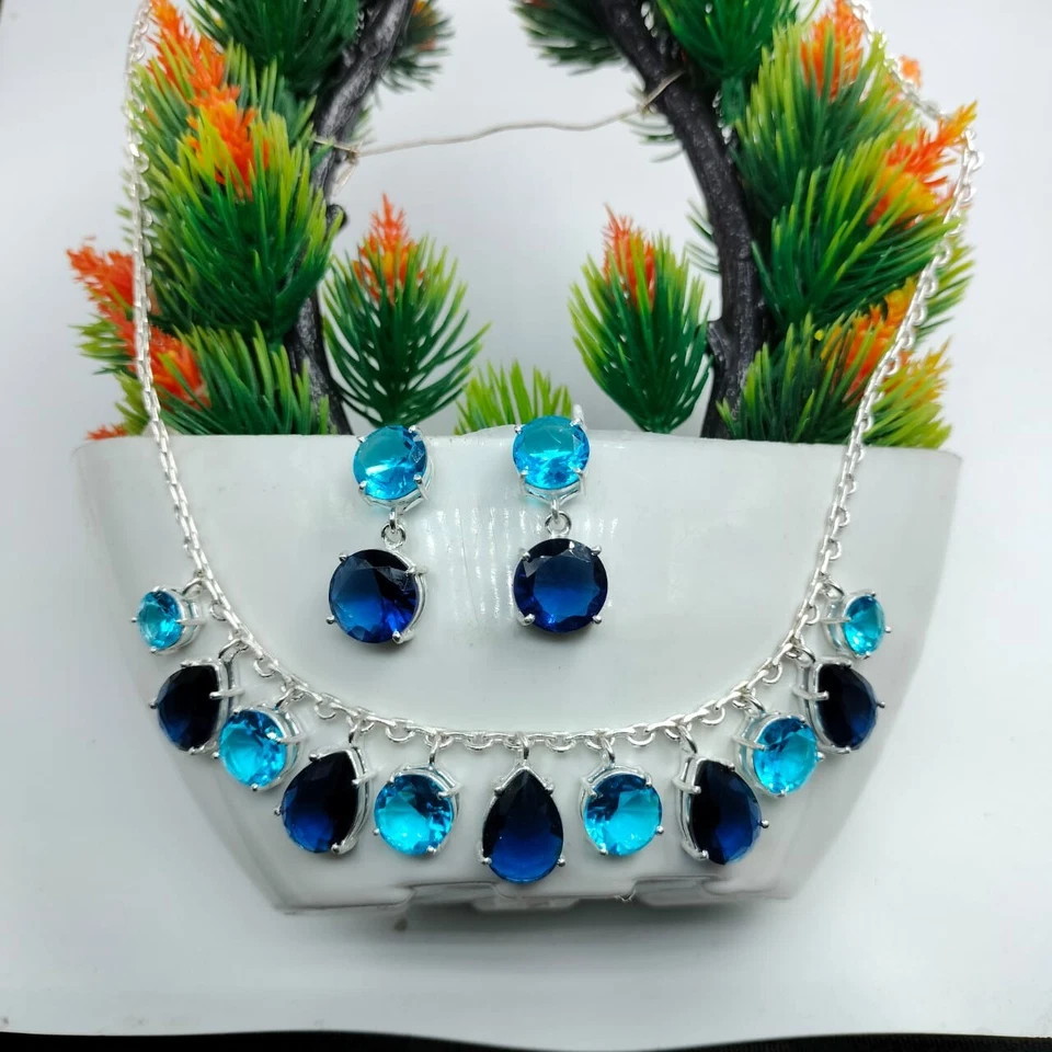 Blue Sapphire Topaz Gemstone Silver Plated Earrings Necklace Jewelry Set - Image 3 of 3