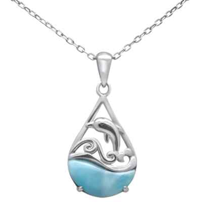 rarimar _dolphin Tear Drop Shape Larimar Dolphin in Ocean .925 Sterling Silver