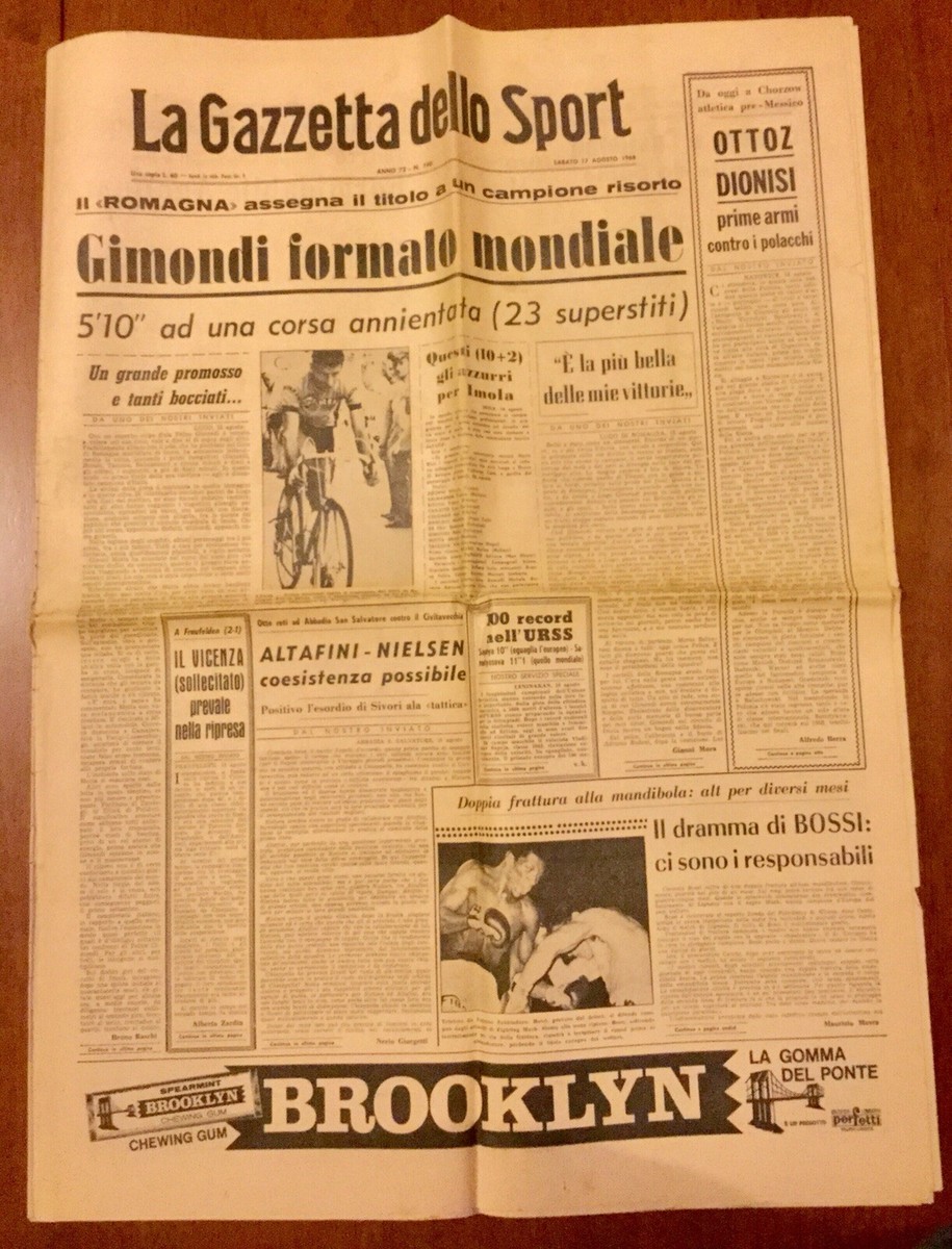 LA GAZZETTA DELLO SPORT 17/8/1968 GIMONDI CAMPIONE D'ITALIA A LUGO
