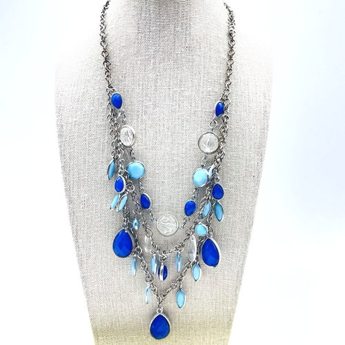 Lagenlook Silber Ton Halskette Blau Träne Perlen Multi Strang Boho Statement