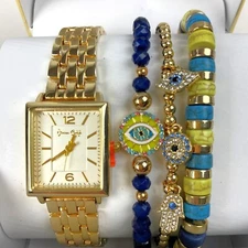 Jessica Carlyle Women's Gold-Tone Watch with Stackable Evil Eye Hamas Bracelets