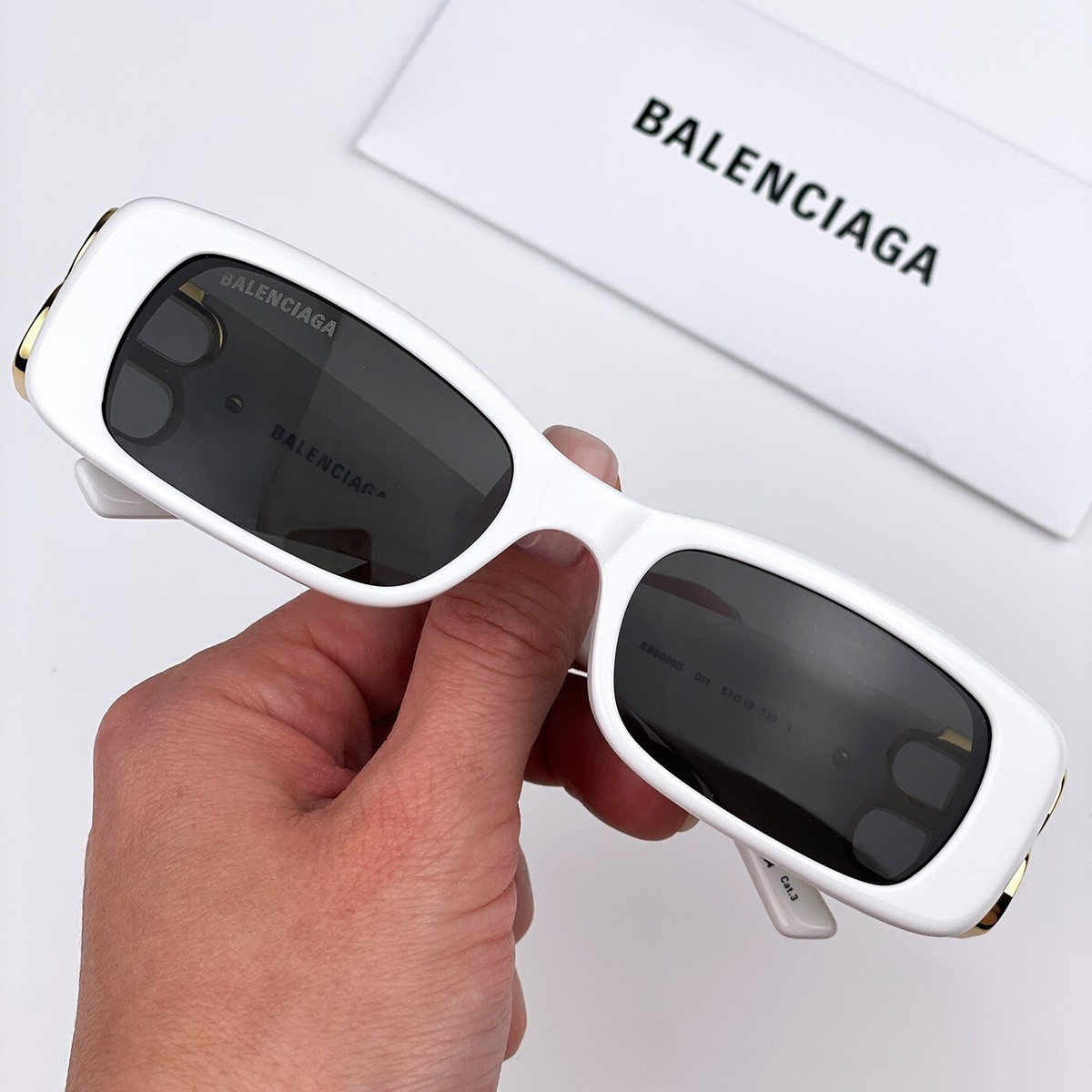 Balenciaga Men Sunglasses White Gold Logo Grey Rectangle