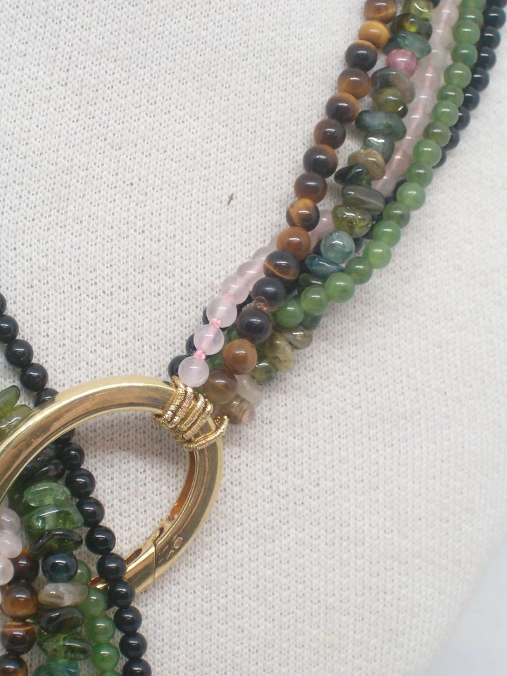 Collana con Onice, Occhio di Tigre, Giada, Tormalina, Quarzo Argento 925 e Oro - Immagine 4 di 4
