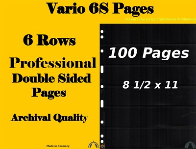 100 Pages  VARIO 6S Double Sided Black Pages with 6 Crystal Clear Pockets / Side